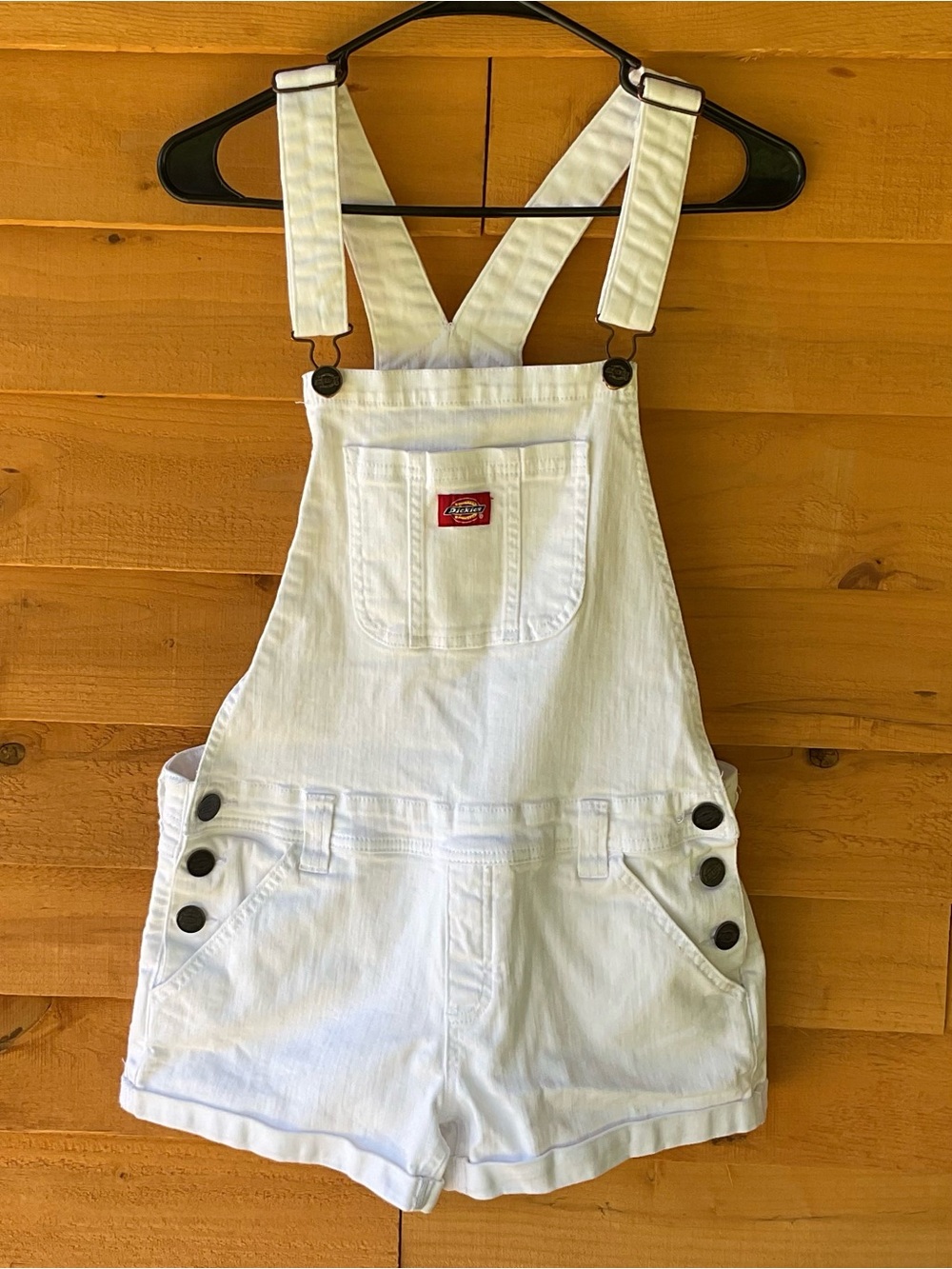 Dickies Girl White Shortalls Overalls Shorts Women’s Size Large Stretch - Picture 7 of 7